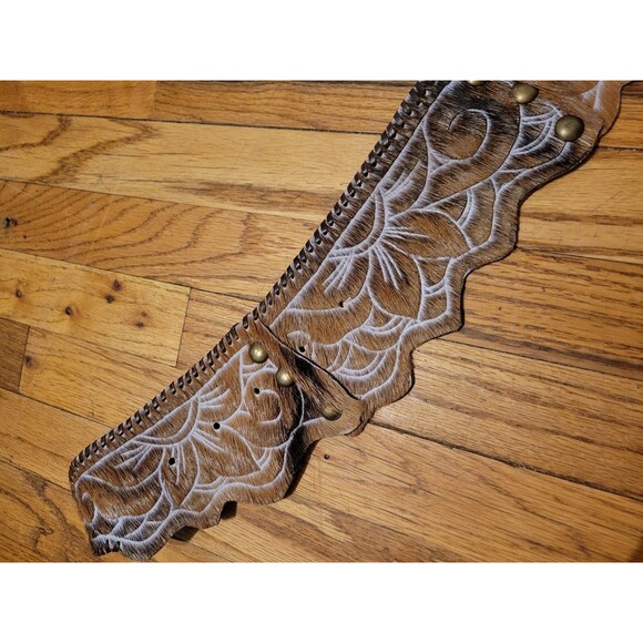 Handmade Wide Festival Belt Leather Cowhide Hair Fur Scalloped Floral Mandala